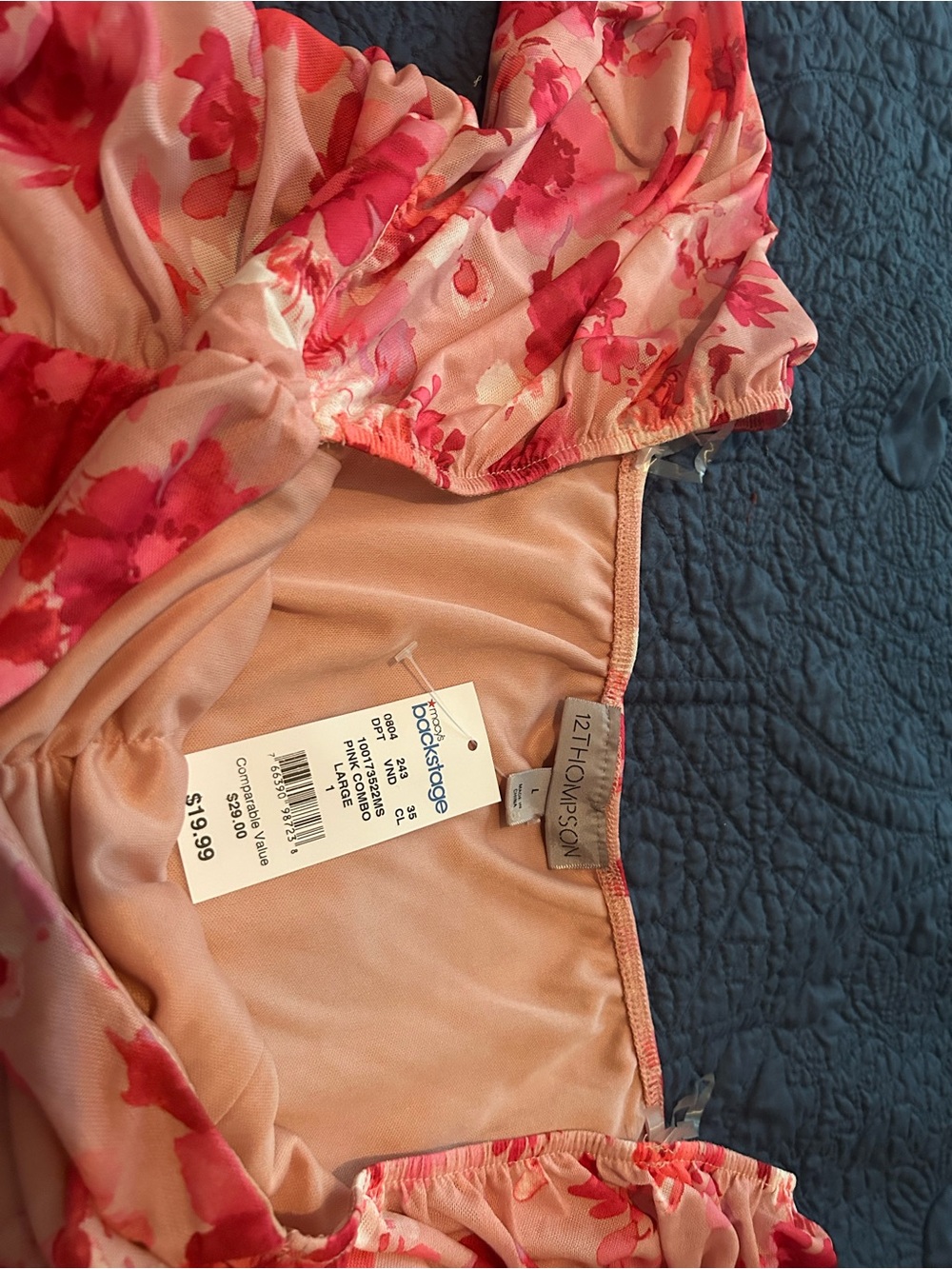 Peach Floral crop Top with Pink Coral Blooms - Picture 2 of 2